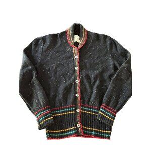 Vintage Sears JR Bazaar Cardigan Sweater M Black Multicolor Stripes Button-Up